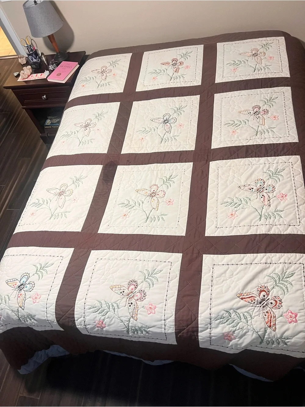 Embroidered Floral Patchwork Quilt - Cream and Brown